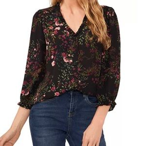 CeCe Women’s Floral Print Ruffled V-Neck Button Front Blouse